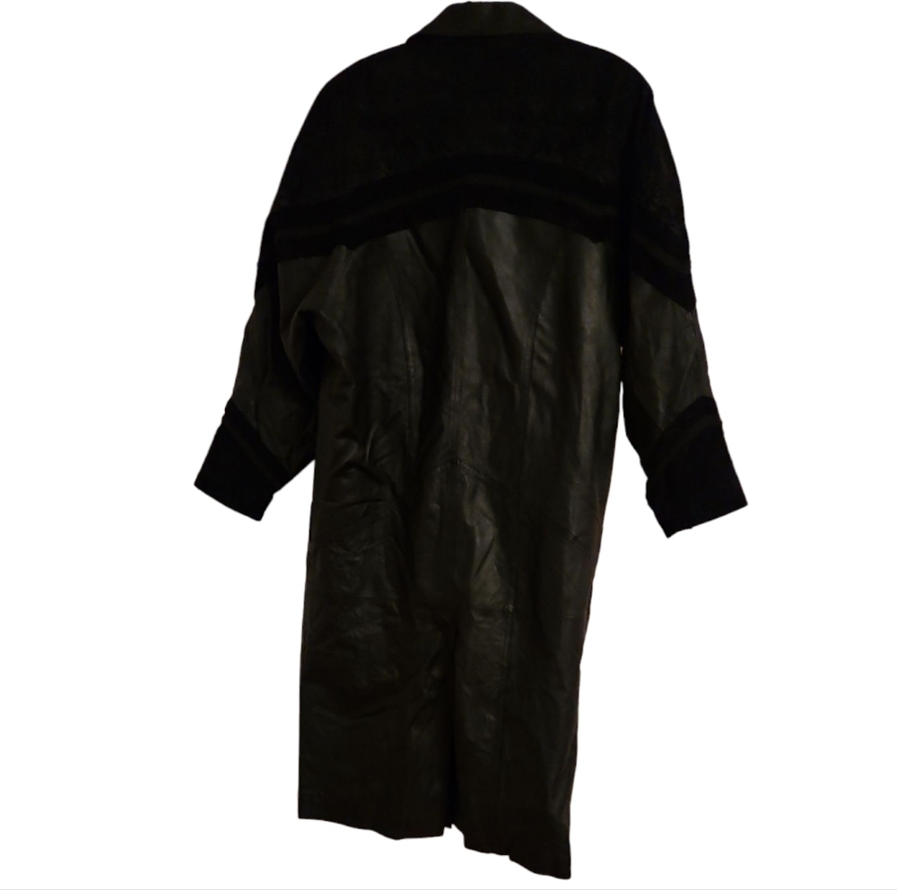 Vintage 80s Long Black Leather/Suede Trench Coat/Duster, Sz Med, Double G - Picture 7 of 12
